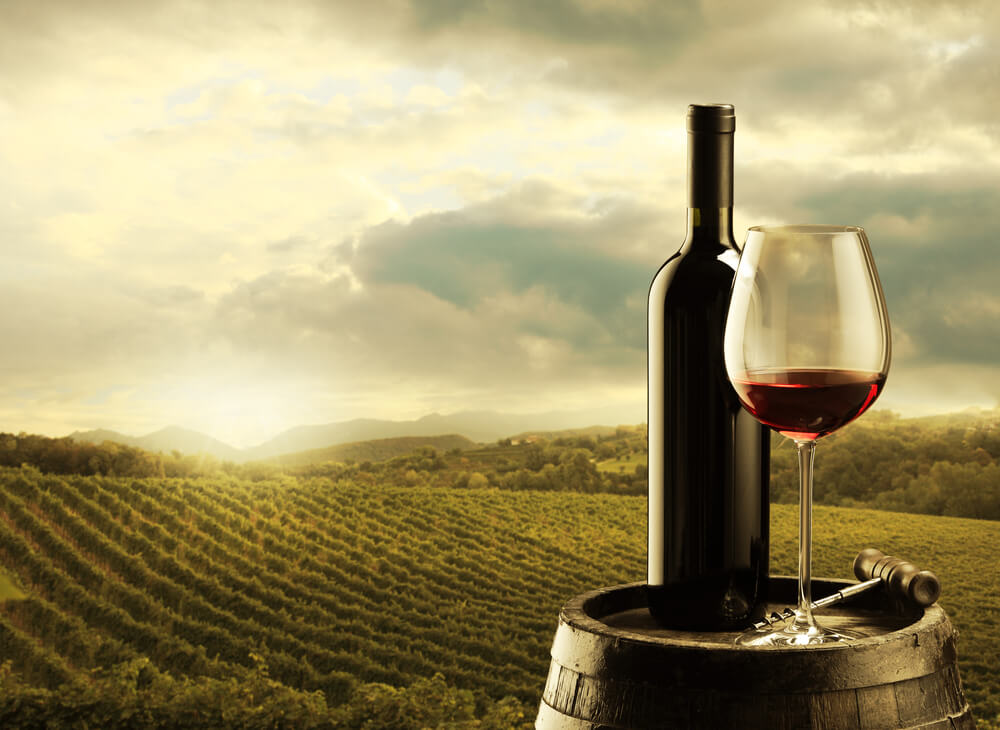 A bottle and glass of red wine against a vineyard background